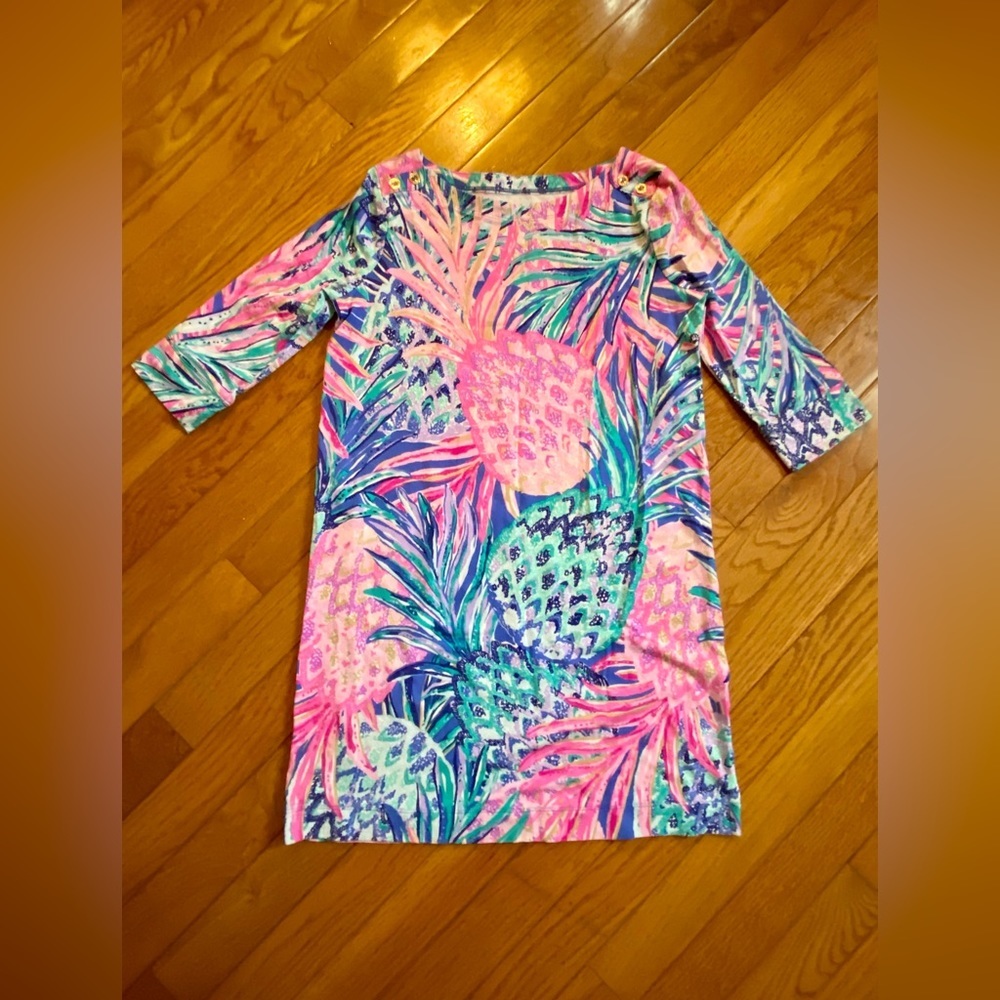 Lilly Pulitzer Pineapple Print Stretch Sophie Sheath Dress Pink Blue SZ L (8-10) - Picture 1 of 8